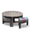 Nashville Sheesham Wood 4 Seater Coffee Table Set In Antique Grey Finish Floral Print Green Kantha Cushion