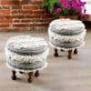 Louisville Acacia Wood Mid Century Round Set of 2 Pouf Stools in Grey Fabric