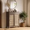 Fujiwara 20 Pair Solid Wood and Cane Shoe Cabinet With Drawer In Danish Walnut Finish
