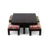 Blane Sheesham Wood Coffee Table With 4 Stools Set In Mahogany Finish & Multi Colour Israel Print Kantha Fabric Cushions