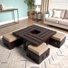 Palladio Sheesham Wood Accent Coffee Table Set With 4 Stools In Provincial Teak Finish With Jute Beige Cushions