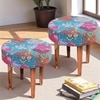 Nayla Sheesham Wood Mid-Century Set of 2 Stools in Sea Green Fruit Print Kantha, Teak Finish