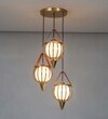 Alfie 3 Light Ceiling Pendant In Brass Finish Metal And Brown Leather With Frosted White Glass Shades