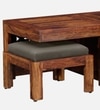 Lifty Sheesham Wood Nesting Coffee Table Set in Provincial Teak Finish With Cushioned Stools