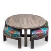 Nashville Sheesham Wood 4 Seater Coffee Table Set In Antique Grey Finish Floral Print Green Kantha Cushion