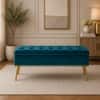 Doe Buck Velvet Tufted Storage Bench in Teal Blue Colour with Gold Legs