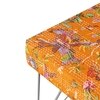 Asansol Sheesham Wood Mid Century Square Set of 2 Stools in Bird Print Orange Kantha Upholstery