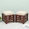 Houston Sheesham Wood   Square Set of 2 Stools in HONEY FINISH   Jute White Cushion