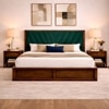 Vedanch Solid Wood Queen Size Upholstered Bed With Box Storage (Provincial Teak Finish, Teal Colour)