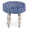 Roswell Sheesham Wood Mid Century Round Set of 2 Stools in Indigo Patchwork Kantha Upholstery