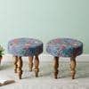 Roswell Sheesham Wood Mid Century Round Stool in Grey Brid Print Kantha Upholstery
