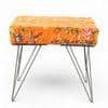 Asansol Sheesham Wood Mid Century Square Stool in Bird Print Orange Kantha Upholstery