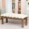 Milford Sheesham Wood Mid Century 3 Seater Bench In Beige Fabric