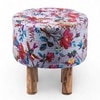 Morgan Acacia Wood Mid-Century Set of 2 Ottoman Pouffees in Grey Bird Print Kantha, Teak Finish