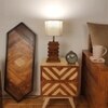 Truffle Brown Wooden Table Lamp with Yellow Printed Fabric Lampshade