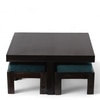 Blane Sheesham Wood Coffee Table With 4 Stools Set In Mahogany Finish & Turquoise Sea Velvet Fabric Cushions