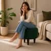 Doe Buck Velvet Round Ottoman Stool in Green Colour with Wooden Legs