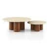Enzo Nested Round Coffee Table In Travertine Marble And Solid Wood In Amber Walnut Finish