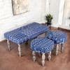 Bestone Sheesham Wood Mid Century Seater Bench Set  2 Stools In Indigo Patchwork Kantha