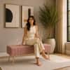 Doe Buck Upholstered Bench in Pink Colour with Channel Stitching and Gold Legs