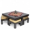 Blane Sheesham Wood Accent Coffee Table Set With 4 Stools In Extra Dark Mahagony Finish With Green Sparkle Velvet Cushions