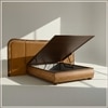 Elowen Softline Queen Size Bed in velvet With Oak wood Frame & Hydraulic Storage