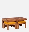 Lifty Sheesham Wood Nesting Coffee Table Set in Rustic  Teak Finish With Cushioned Stools