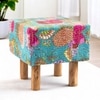 Verona Solid Wood Pouf Stool in Floral Print Green Kantha Fabric