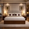 Mooh Solid Wood Queen Size Upholstered Bed With Hydraulic Storage (Provincial Teak Finish, Grey Colour)