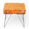 Asansol Sheesham Wood Mid Century Square Set of 2 Stools in Bird Print Orange Kantha Upholstery