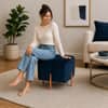 Doe Buck Regent Channel Tufted Velvet Ottoman Stool in Blue Colour with Rose Gold Legs