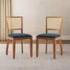 Reed Solid Wood Dining Chair Set Of 2 In Finish Amber Walnut And Colour Night Blue Velvet
