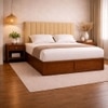 Zyra Solid Wood Queen  Size Upholstered Bed With Hydraulic Storage (Provincial Teak Finish, Beige Colour)