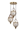 Alfie 3 Light Ceiling Pendant In Brass Finish Metal And Brown Leather With Frosted White Glass Shades