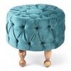 Louisville Acacia Wood Accent Round Set of 2 Pouf Stools in Turquoise