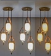 Filo 3 Light Cascade Ceiling Pendant In Brass Finish Metal And Brown Leather With Frosted White Glass Shades