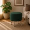 Doe Buck Parker Velvet Round Ottoman Stool in Green Colour with Wooden Legs