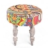 Roswell Sheesham Wood Bohemian Round Stool in Israel Print Patchwork Kantha Upholstery
