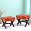 Rosslyn Sheesham Wood Set of 2 Ottoman Pouffees in Bird Print Orange Kantha, Dark Mahogany Finish