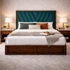 Vedanch Solid Wood Queen Size Upholstered Bed With Hydraulic Storage (Provincial Teak Finish, Teal Colour)