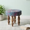 Roswell Sheesham Wood Mid Century Round Set of 2 Stools in Grey Brid Print Kantha Upholstery