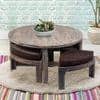 Nashville Sheesham Wood 4 Seater Coffee Table Set In Antique Grey Finish Grey Velvet Cushion