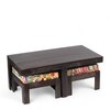 Irish Sheesham Wood Coffee Table With 2 Stools Set In Mahogany Finish & Multi Colour Israel Print Kantha Fabric Cushions