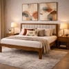 Linea Solid Wood Queen  Size Upholstered Bed Without Storage (Provincial Teak Finish, Grey Colour)