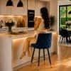 Doe Buck Upholstered Counter Height Bar Stool in Blue Colour with Gold Accents