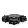 Palladio Sheesham Wood Coffee Table With 4 Stools Set In Mahogany Finish & Turquoise Sea Velvet Fabric Cushions