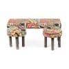 Asteria Solid Wood 2 Seater Bench Set With 2 Stools In Multi Colour Israel Print Kantha Fabric