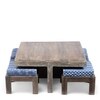 Blane Sheesham Wood 4 Seater Coffee Table Set In Antique Grey Finish Indigo Patch Kantha Cushion