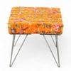 Asansol Sheesham Wood Mid Century Square Stool in Bird Print Orange Kantha Upholstery