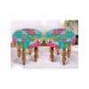 Roswell Sheesham Wood Mid Century Round Set of 2 Stools in Sea Green Fruit Print Kantha Upholstery